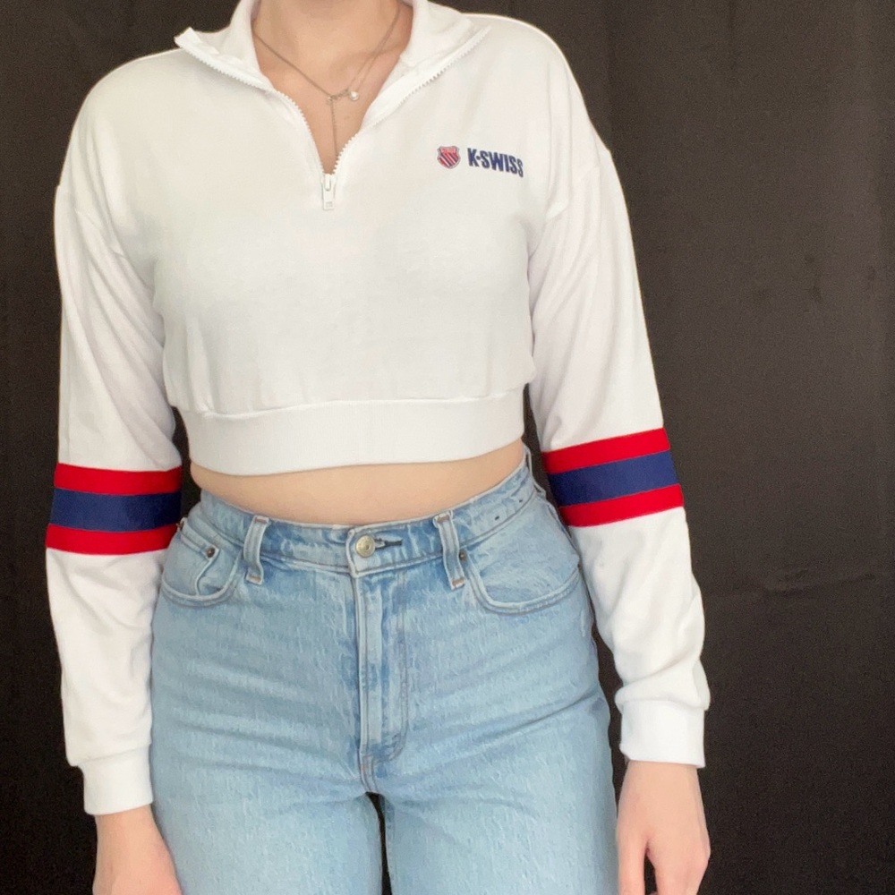 K-Swiss Women's White Cropped Top with Red and Blue Stripes